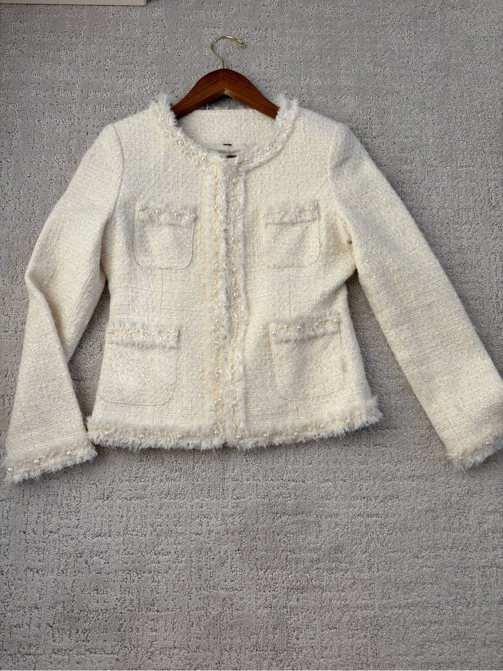 Cream Tweed Fringe Pocket Jacket